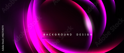 Abstract neon shapes overlap, creating vibrant pink, purple glow. Dark background emphasizes luminosity, modern design element.