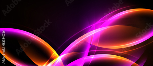 Abstract lines, vibrant colors, purple, orange hues create dynamic energy. Smooth curves suggest movement, light effects dominate composition.