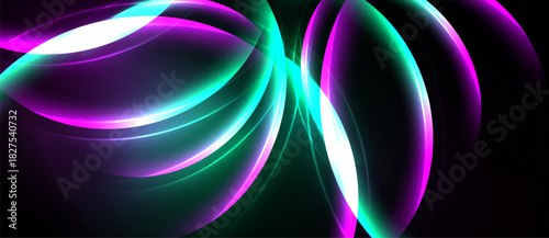 Abstract neon lights form flowing curves. Vibrant magenta, turquoise hues dominate dark background. Dynamic energy radiates from central glow.