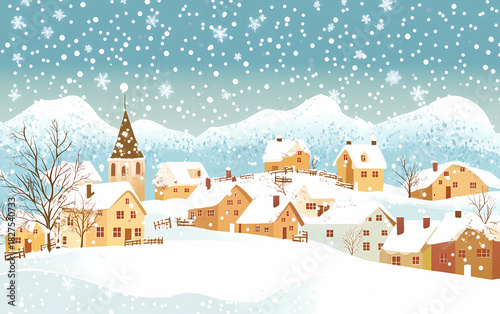 Snowy Village Landscape in Winter