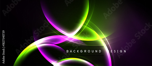 Abstract neon lines create dynamic flow. Vibrant purple, green hues dominate dark background. Modern design element.