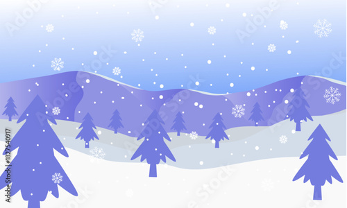 Serene winter landscape illustration featuring snow-covered mountains, frosted pine trees, and falling snowflakes, creating a peaceful seasonal wonderland scene