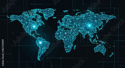 World map with glowing dots representing global connections and communication