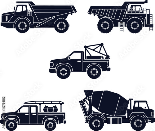 Assortment of Silhouette Heavy Duty Trucks and Construction Vehicles Keywords: construction, truck, vehicle, machinery, equipment