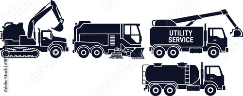 Collection of dark blue silhouettes of utility service vehicles on a white background excavator
