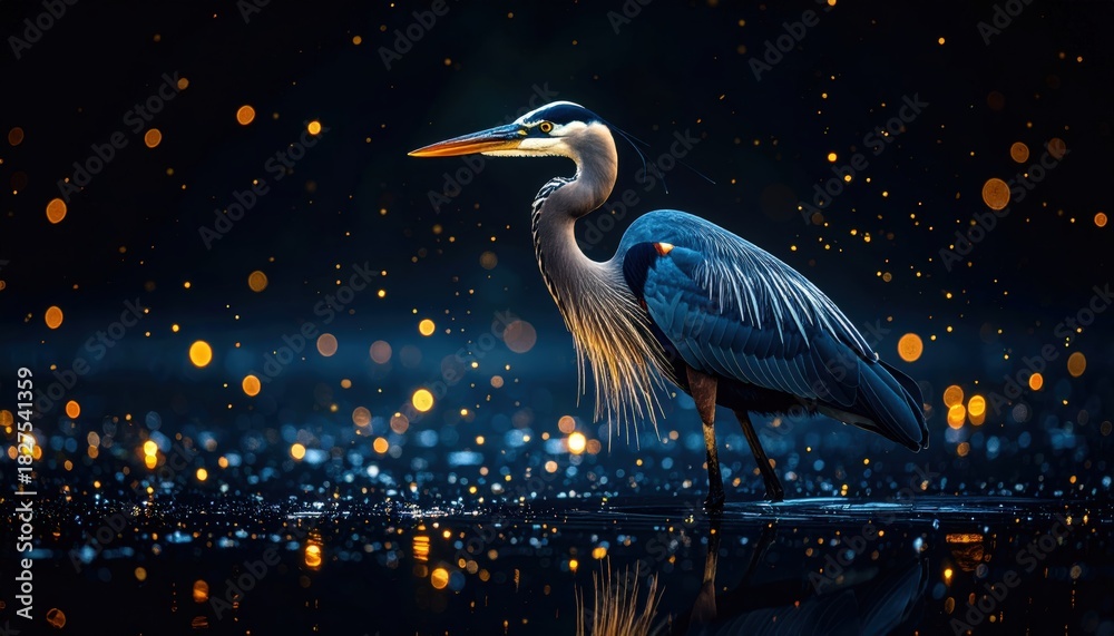 Fototapeta premium Elegant blue heron wading through glistening twilight waters, surreal scenery