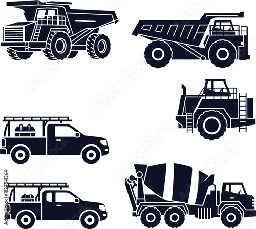 Collection of Silhouetted Construction and Heavy Duty Vehicles on White Background Keywords: dump truck, mining truck, heavy