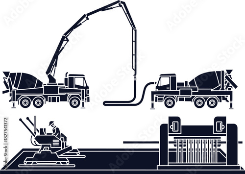 Concrete Mixer Trucks and Construction Machine Silhouettes Keywords: construction, equipment, machinery, concrete, mixer, truck