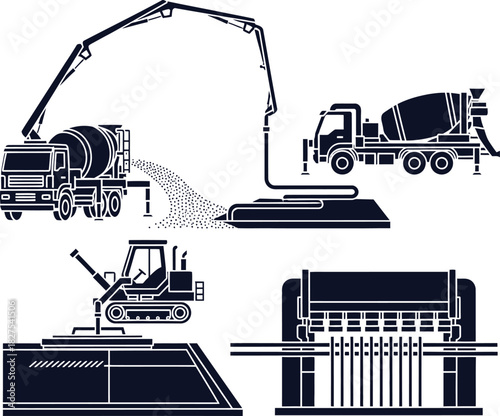 Concrete Pumping and Construction Machine Icons with Mixer and Press Keywords: concrete, pumping, construction, machine, icons