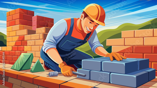 Very beautiful close-up construction scene featuring an industrial bricklayer laying bricks onto fresh cement mix, showcasing precise alignment, clean masonry texture, and skilled workmanship in a con