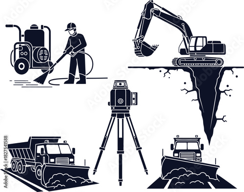 Construction and Maintenance Vehicle Silhouettes Keywords: snow plow, dump truck, pressure washer, excavator, surveyor tripod