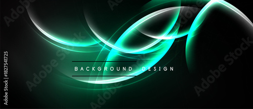 Abstract design features flowing turquoise lines over dark background. Text reads background design. Modern, dynamic visual composition.
