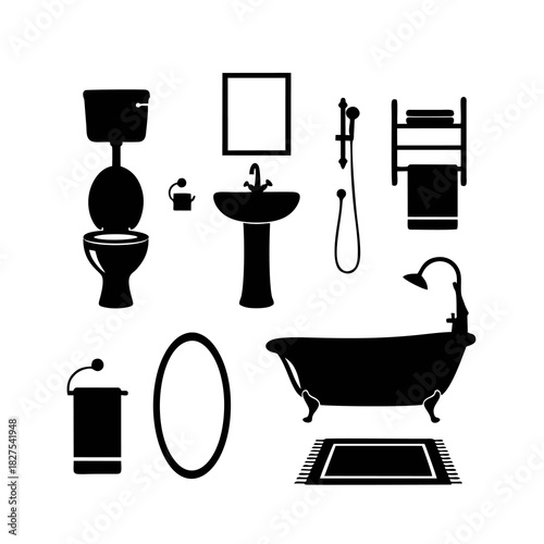 Black and White Bathroom Furniture and Accessories Icon Set Vector Illustration