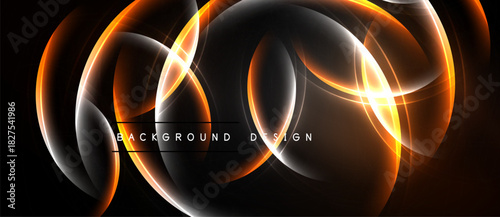 Abstract design features glowing orange, white lines. Dark background creates dramatic visual effect. Modern, dynamic composition.