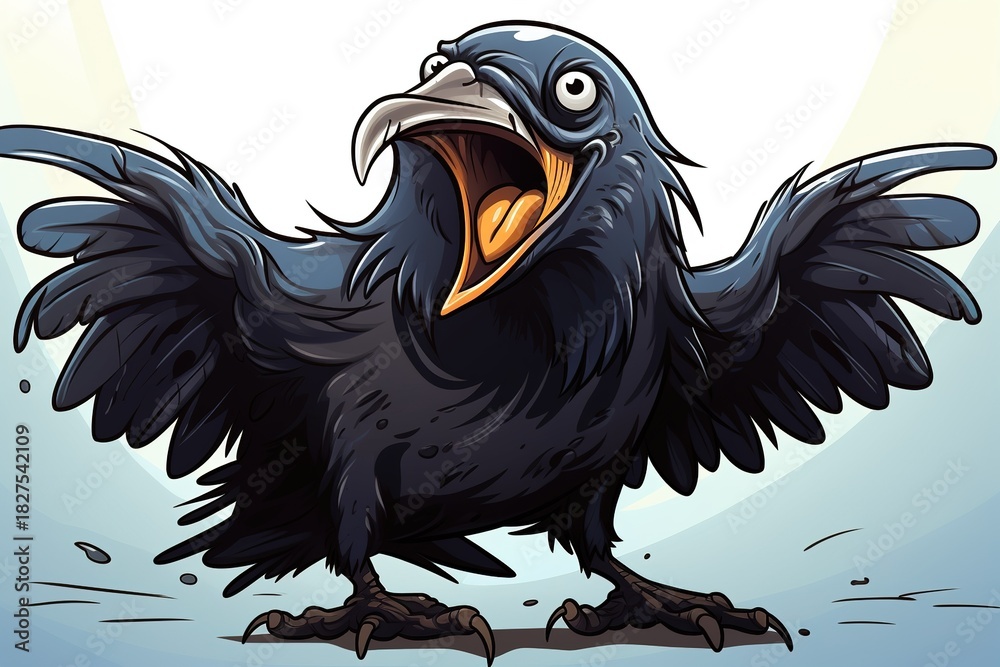 Obraz premium cartoon crow with its beak open and its wings spread out. crow is looking at camera and he is angry or excited