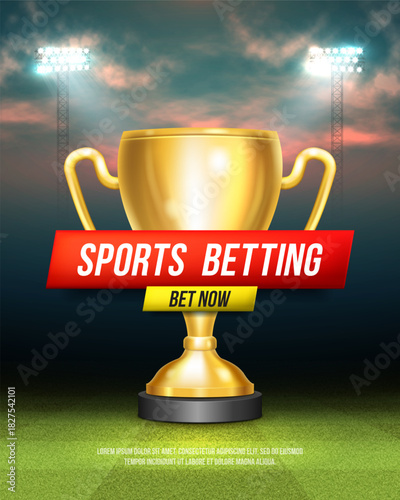 Sports betting banner with winner cup on stadium background. Concept of online gambling, match victory, and tournament success. Vector illustration for promotions or mobile apps.