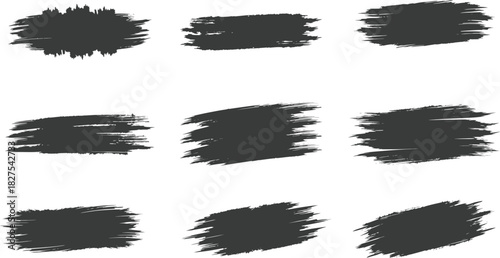 black ink lines Brush strokes in dirty style vector illustration. Isolated black ink stencils for graphic design, text fields. Artistic texture of ink brush strokes, splatter stains, callout. Eps 10