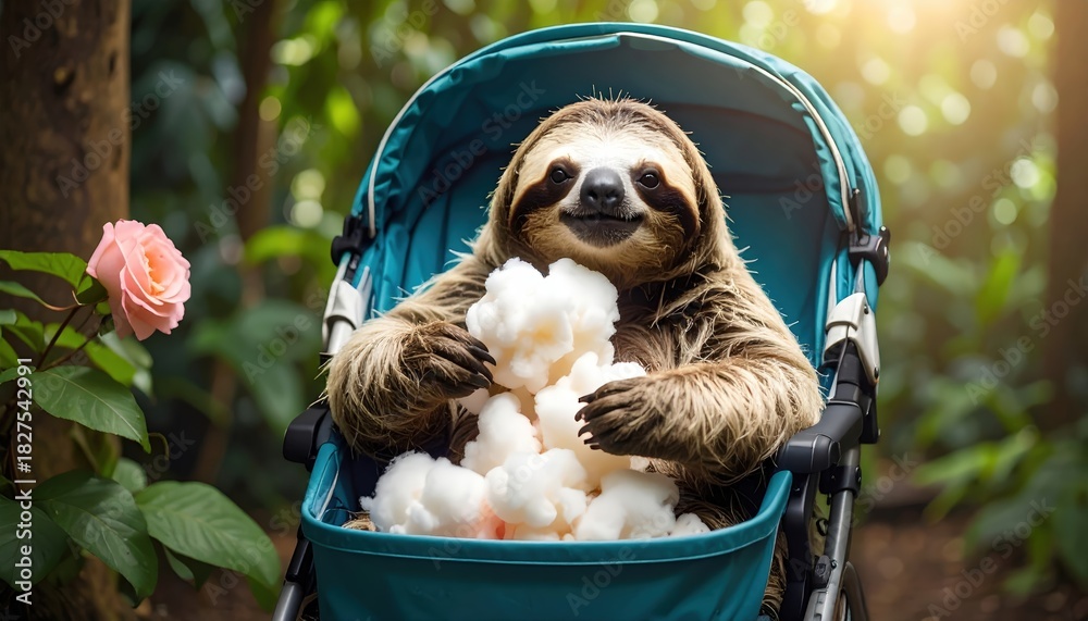 Fototapeta premium Whimsical sloth enjoying fluffy treat in stroller amid lush greenery background
