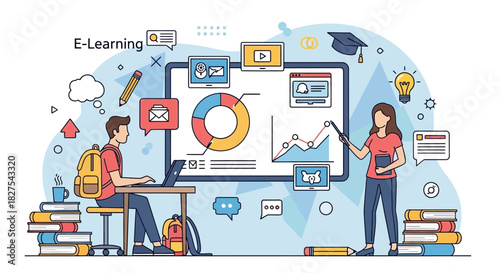 Elearning concept with student and teacher using online education platform