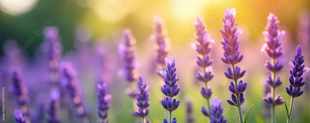 Obraz premium Close-up of fragrant lavender flowers, bathed in soft sunlight, exuding a calming, mellow aroma Perfect for aromatherapy, relaxation, and spa themes , beauty, relaxing