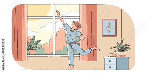 Young woman standing in a hotel room looking out the window