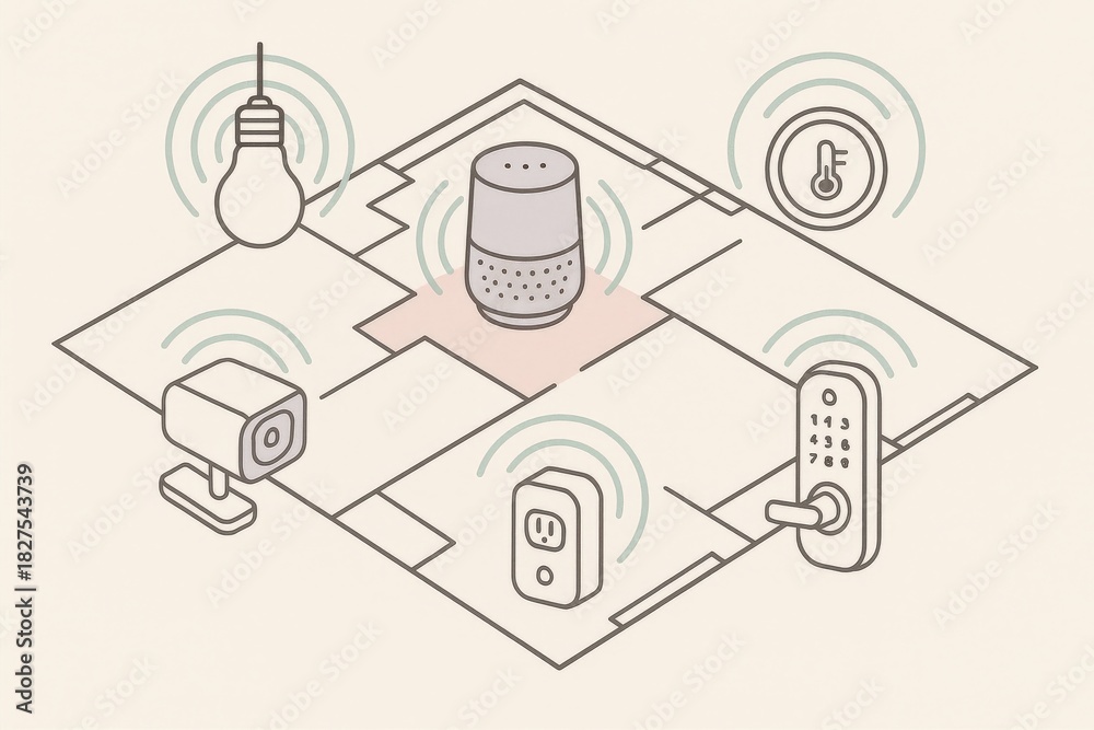 Fototapeta premium Smart home ecosystem showcasing interconnected devices including wireless speaker, smart light bulb, security camera, thermostat, and digital lock in a modern layout promoting innovation and