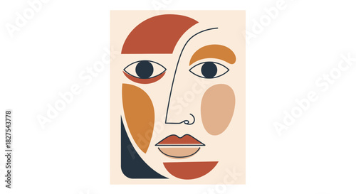 Abstract face with colorful geometric shapes on neutral background