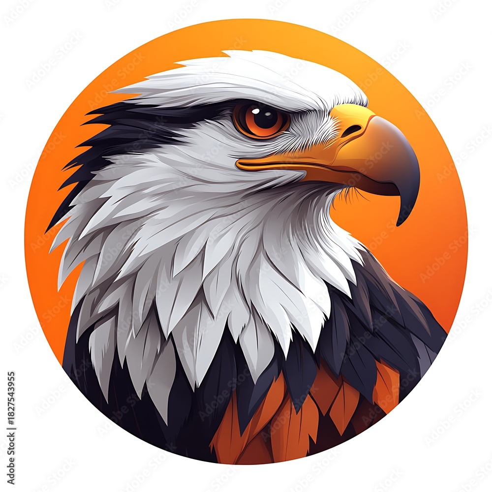 Fototapeta premium Fierce eagle head with orange eyes and photo black and white feathers on orange background