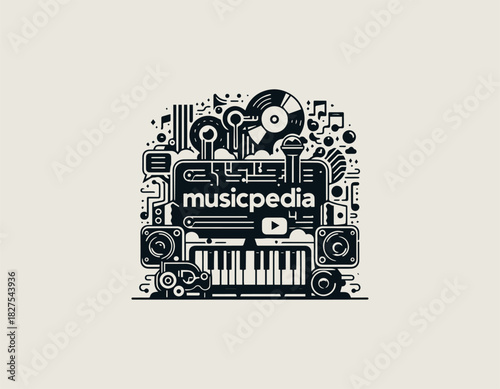 Modern Musicpedia icon featuring abstract sound waves and book elements in a clean black vector logo illustration
