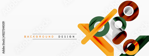 Abstract geometric shapes overlap, creating dynamic visual effect. Orange, green, brown hues dominate white background. Modern design element.