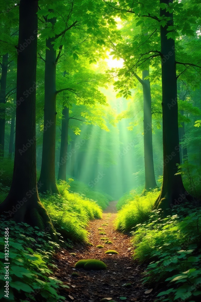 Fototapeta premium Lush green forest canopy bathed in summer sunlight, dappled shadows on the forest floor, vibrant green leaves, sunlight filtering through trees , summer day, woods scene