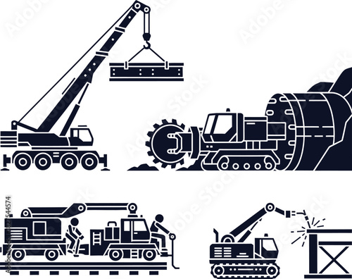 Construction machinery icons crane tunnel boring machine rail workers and welding machine mobile crane
