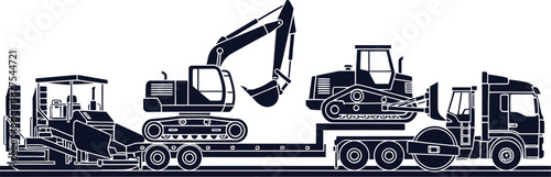 Construction Machinery Transported on Trailers and Trucks Keywords: construction, equipment, transport, truck, trailer, excavator