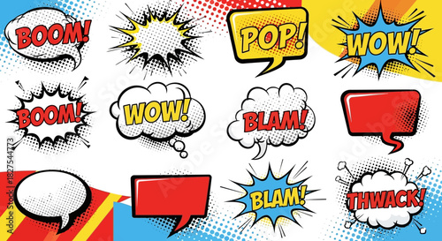 Comic speech bubbles with halftone and flat design