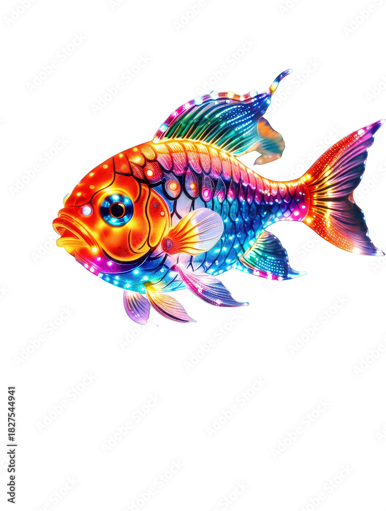 Fototapeta premium Colorful illuminated fish sculpture made of shining scales and lights, ideal for aquatic party graphics, aquarium decor concepts, and playful marketing.