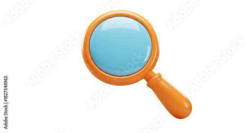 3d icon of orange magnifying glass with blue lens and handle isolated on transparent background