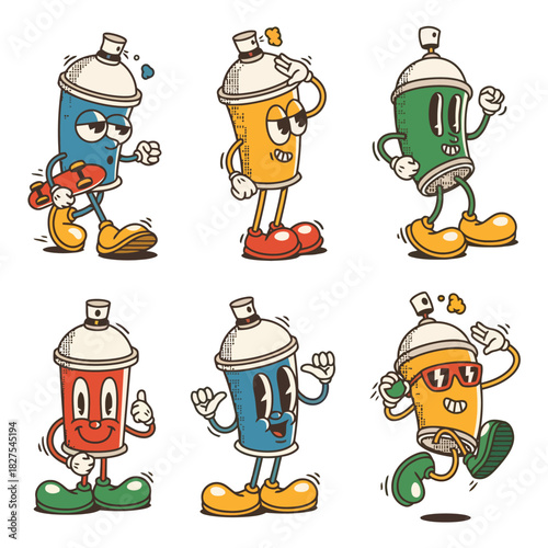 Retro Cartoon Spray Cans with Googly Eyes, Walking and Dancing with Joy
