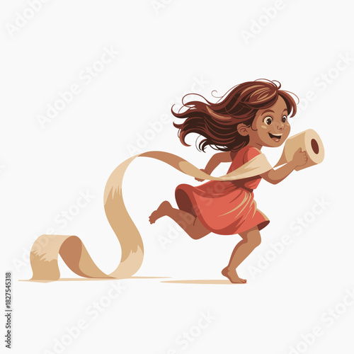 A joyful child runs energetically while playfully unwinding a roll of toilet paper, embodying the essence of childhood fun, imagination, and unrestrained joy.