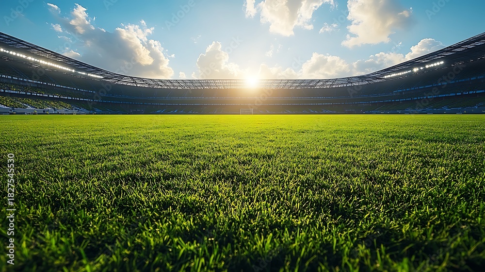 Fototapeta premium Empty soccer stadium green grass field under a bright sunny sky football photo