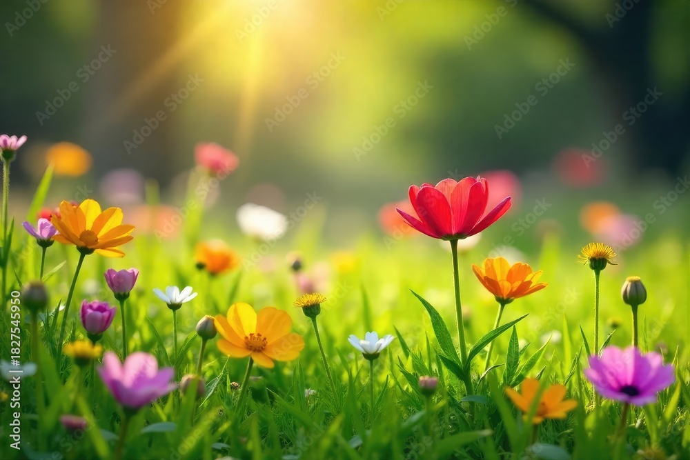 Fototapeta premium Vibrant wildflowers in full bloom on a lush green meadow, bathed in the warm sunlight of spring Perfect for nature, springtime, and renewal themes , green, flowers
