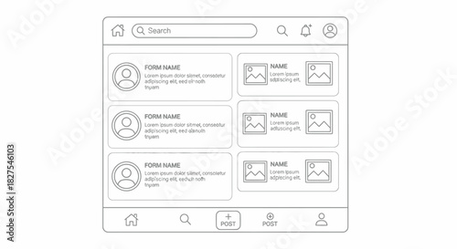 Wireframe template of a mobile app user profile and post interface, with placeholder text and icons, displayed on a mobile screen in a simple black outline style on white