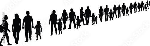 Black Silhouette Vector of a Long Line of Diverse People Waiting in a Queue, Showing Perspective, Order, Community, Mass Movement, Immigration, Social Distancing, and Crowd Control Illustration.