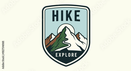 Hiking and exploration logo with mountains and sun