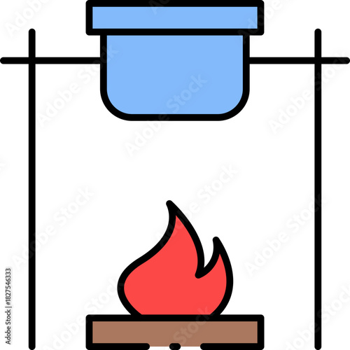Essential Scientific Experiment Icon Depicting a Pot Heated by a Red Flame on a Stand, Symbolizing Laboratory Process and Chemical Reaction Preparation