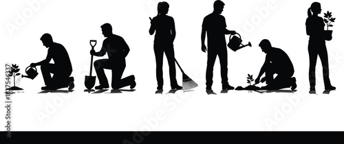 Set of black silhouettes showing people engaged in various gardening tasks like planting seedlings, watering plants, digging soil with a shovel, and raking 