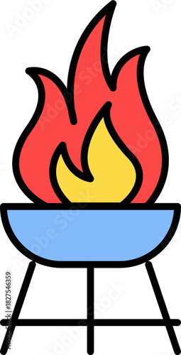 Colorful flat line art icon of a hot barbecue grill with vibrant flames, perfect for representing summer cookouts, outdoor dining, and festive gatherings