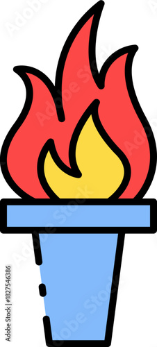 Colorful flaming torch vector icon illustration. Symbol of victory, sport, and light with a vibrant fire flame on a blue handle
