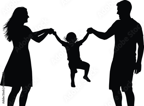 Silhouette of a happy family, father and mother swinging their young child by the hands, illustrating joyful parenting, family bonding, carefree childhood, love, and summer fun.