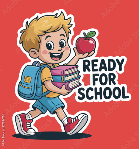 This joyful illustration of a boy holding books and an apple evokes the excitement and enthusiasm of starting school, embodying youthful curiosity and eagerness to learn.