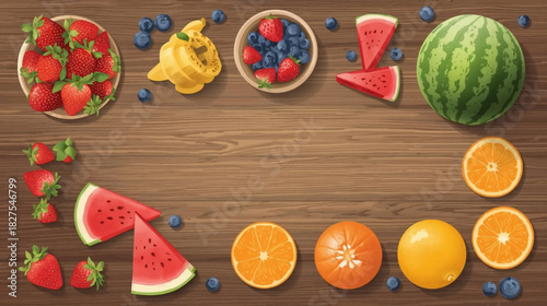 A vibrant assortment of fresh fruits including strawberries, blueberries, watermelon, and oranges arranged on a rustic wooden table.